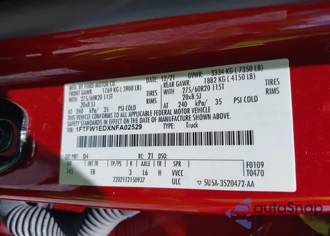 2022 Ford F-150 Lariat z USA, uszkodzony, nr VIN 1FTFW1EDXNFA02529